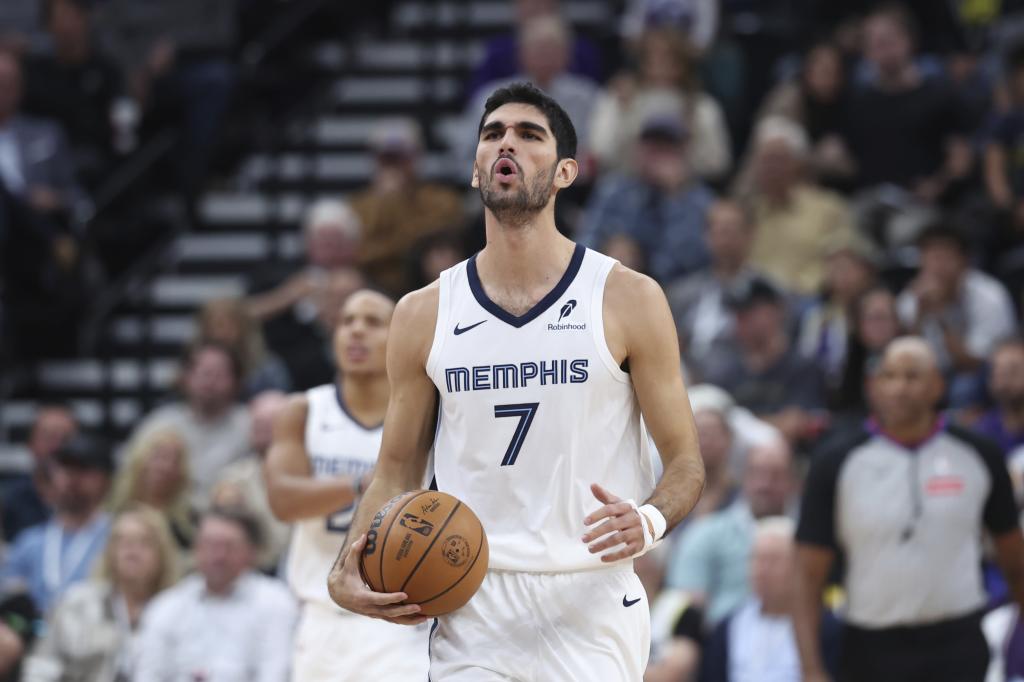 Memphis Grizzlies forward Santi checkers (7) reacts to a play against the Utah Jazz during the first half of an NBA basketball game, Wednesday, Oct. 23, 2024, in Salt Lake City. (AP Photo / Rob Gray)