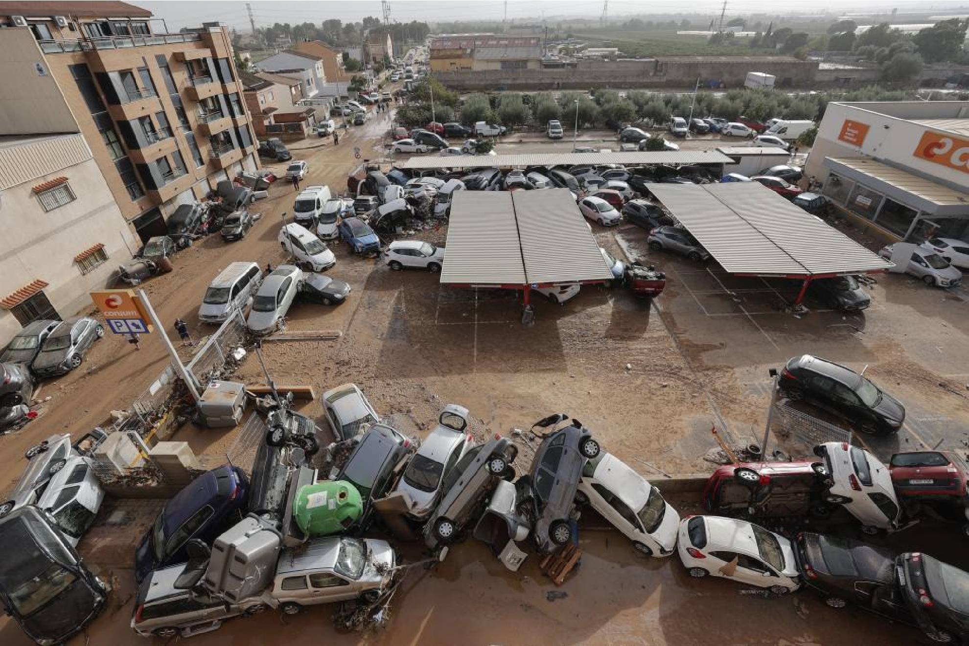 A general view of several vehicles damaged by Dana.